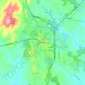 Mappa topografica Warrenton, altitudine, rilievo