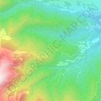 Mappa topografica Prà Fieul, altitudine, rilievo