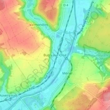 Mappa topografica Butry-sur-Oise, altitudine, rilievo