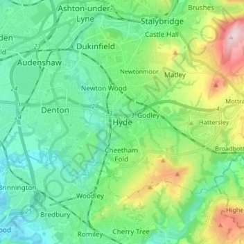 Mappa topografica Hyde, altitudine, rilievo