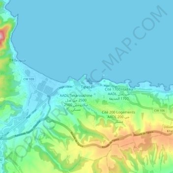 Mappa topografica Tipaza, altitudine, rilievo