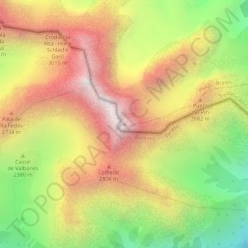 Mappa topografica Croda Rossa d'Ampezzo, altitudine, rilievo