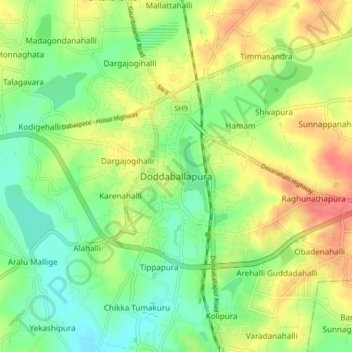 Mappa topografica Doddaballapura, altitudine, rilievo