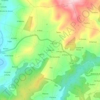 Mappa topografica O Pedrido, altitudine, rilievo