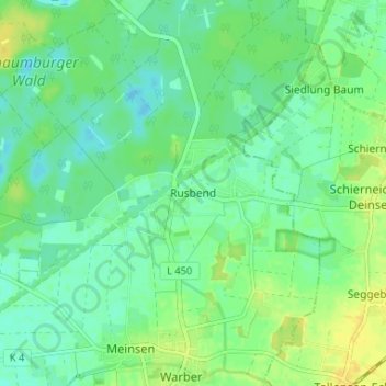 Mappa topografica Rusbend, altitudine, rilievo