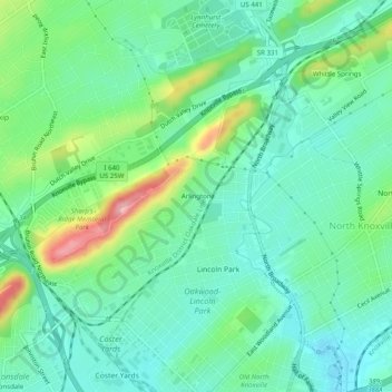 Mappa topografica Arlington, altitudine, rilievo