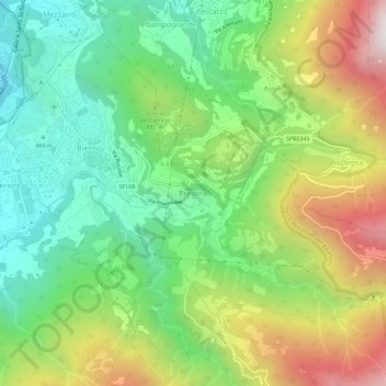 Mappa topografica Prestine, altitudine, rilievo