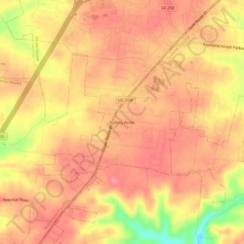 Mappa topografica Rolling Acres, altitudine, rilievo
