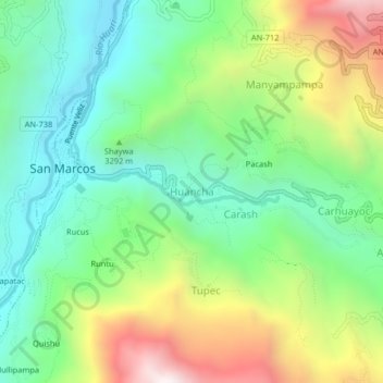 Mappa topografica Huancha, altitudine, rilievo