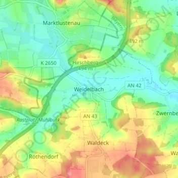 Mappa topografica Weidelbach, altitudine, rilievo