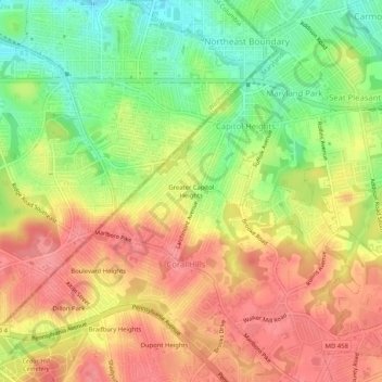 Mappa topografica Greater Capitol Heights, altitudine, rilievo