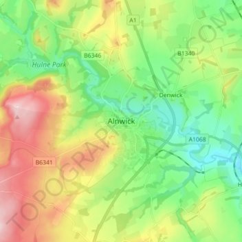 Mappa topografica Alnwick, altitudine, rilievo