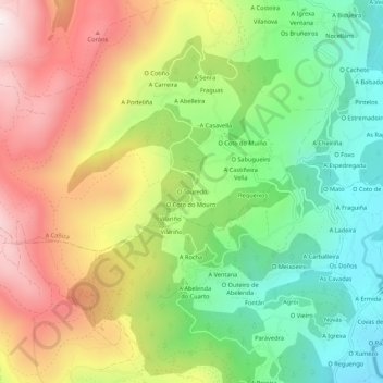 Mappa topografica O Touredo, altitudine, rilievo