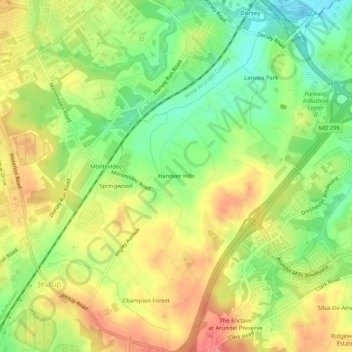 Mappa topografica Hanover Hills, altitudine, rilievo