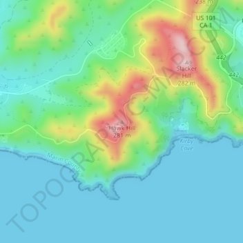 Mappa topografica Hawk Hill, altitudine, rilievo