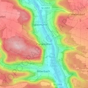 Mappa topografica Plankstetten, altitudine, rilievo