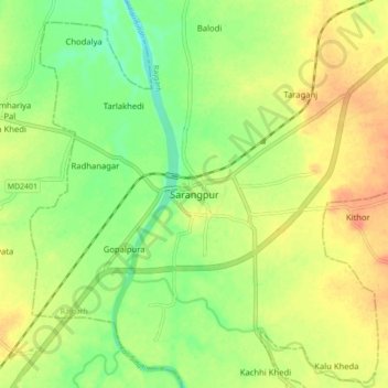 Mappa topografica Sarangpur, altitudine, rilievo