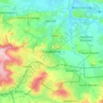 Mappa topografica Crewkerne, altitudine, rilievo