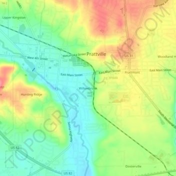 Mappa topografica Willowbrook, altitudine, rilievo