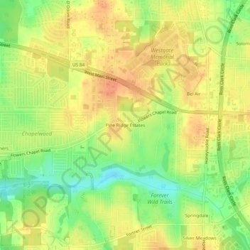 Mappa topografica Pine Ridge Estates, altitudine, rilievo
