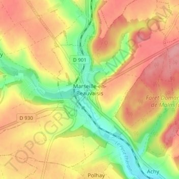 Mappa topografica Marseille-en-Beauvaisis, altitudine, rilievo