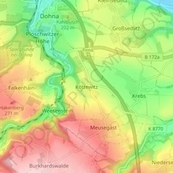 Mappa topografica Köttewitz, altitudine, rilievo