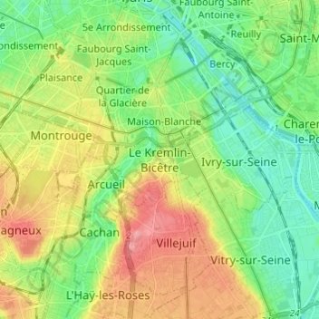 Mappa topografica Le Kremlin-Bicêtre, altitudine, rilievo