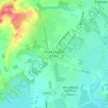 Mappa topografica Three Legged Cross, altitudine, rilievo