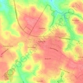 Mappa topografica Deerwood, altitudine, rilievo