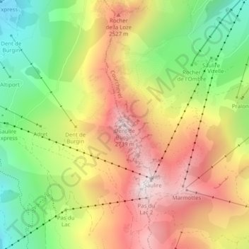 Mappa topografica Dent de Burgin, altitudine, rilievo