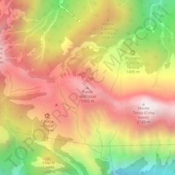 Mappa topografica Punta dell'Uccel, altitudine, rilievo