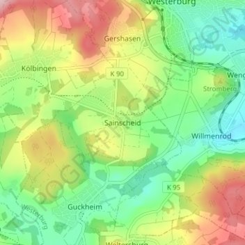Mappa topografica Sainscheid, altitudine, rilievo
