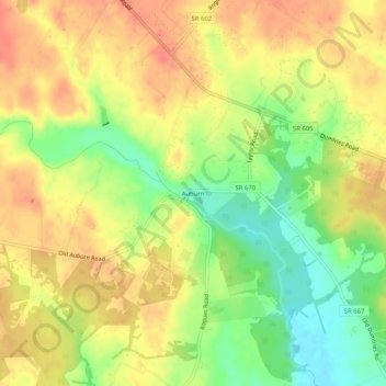 Mappa topografica Auburn, altitudine, rilievo