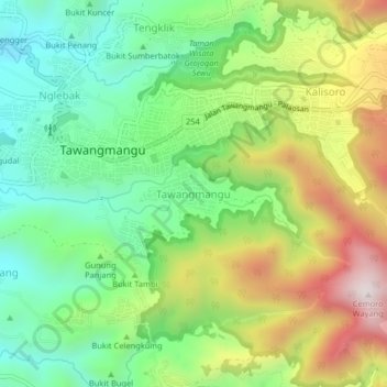 Mappa topografica Tawangmangu, altitudine, rilievo