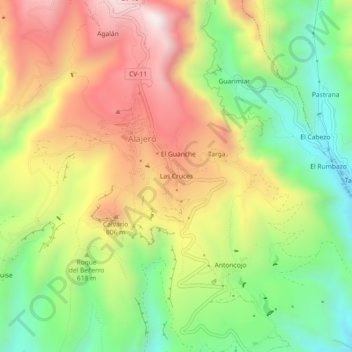 Mappa topografica Las Cruces, altitudine, rilievo
