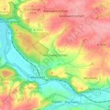 Mappa topografica Hochweitzschen, altitudine, rilievo