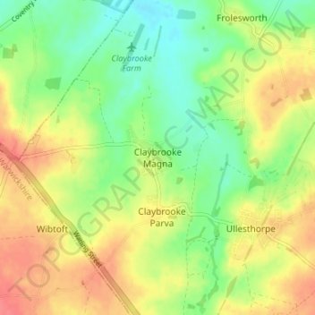Mappa topografica Claybrooke Magna, altitudine, rilievo