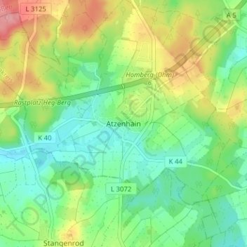 Mappa topografica Atzenhain, altitudine, rilievo
