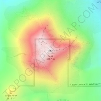Mappa topografica Lassen Peak, altitudine, rilievo