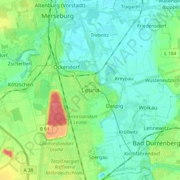 Mappa topografica Leuna, altitudine, rilievo