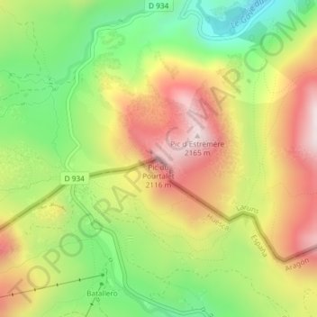 Mappa topografica Pic du Pourtalet, altitudine, rilievo