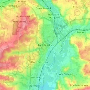 Mappa topografica Hoddesdon, altitudine, rilievo