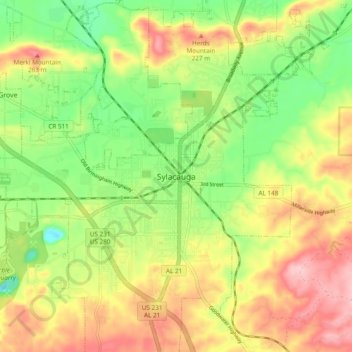 Mappa topografica Sylacauga, altitudine, rilievo