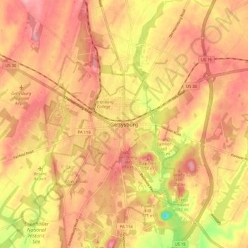 Mappa topografica Gettysburg, altitudine, rilievo
