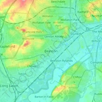 Mappa topografica Beeston, altitudine, rilievo