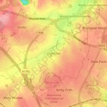 Mappa topografica Glenfield, altitudine, rilievo