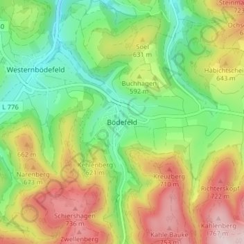 Mappa topografica Bödefeld, altitudine, rilievo