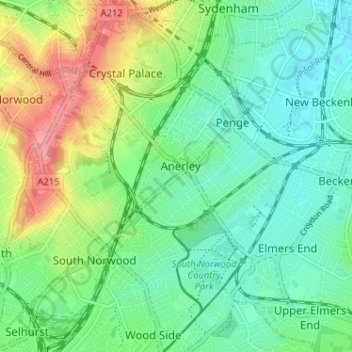 Mappa topografica Anerley, altitudine, rilievo