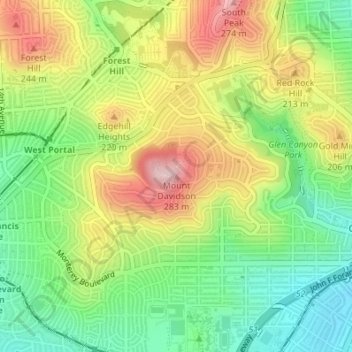 Mappa topografica Mount Davidson, altitudine, rilievo