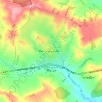 Mappa topografica Belton-in-Rutland, altitudine, rilievo